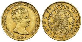 ISABEL II. 80 reales. 1844. Barcelona. PS. AU 6,75 g. 21,2 mm. VI-587; AC-711. MBC+.