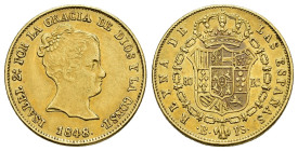 ISABEL II. 80 reales. 1848. Barcelona. PS. AU 6,73 g. 21 mm. VI-591; AC-717. EBC- Rara.