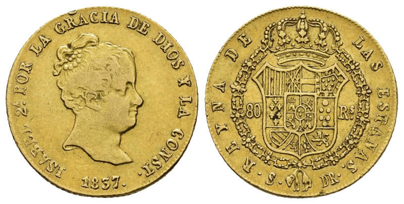 ISABEL II. 80 reales. 1837. Sevilla. DR. AU 6,71 g. 21,2 mm. VI-610; AC-739. Gol...