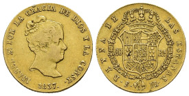 ISABEL II. 80 reales. 1837. Sevilla. DR. AU 6,71 g. 21,2 mm. VI-610; AC-739. Golpecito en gráfila y pequeñas marcas. MBC/MBC+. Rara.