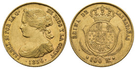 ISABEL II. 100 reales. 1856. Barcelona. AU 8,34 g. 22 mm. VI-632; AC-766. Golpe en canto. MBC+/MBC. Rara.
