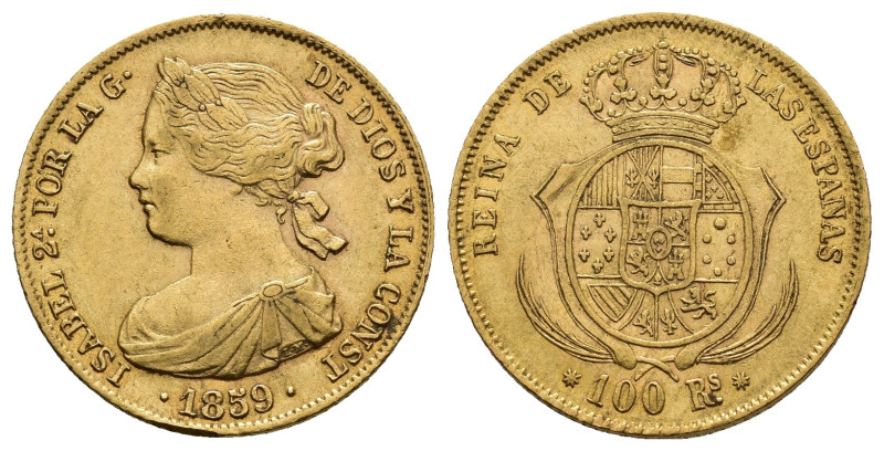 ISABEL II. 100 reales. 1859. Barcelona. AU 8,32 g. 22 mm. VI-635; AC-770. MBC.