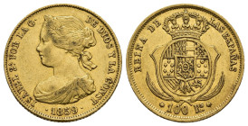 ISABEL II. 100 reales. 1859. Madrid. AU 8,33 g. 22,1 mm. VI-646; AC-786. Golpecito en canto. MBC.