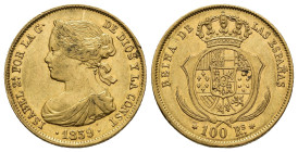 ISABEL II. 100 reales. 1859. Madrid. AU 8,35 g. 22,1 mm. VI-646; AC-786. Rayita en anv. MBC/BC+.