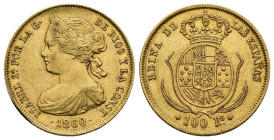 ISABEL II. 100 reales. 1860. Madrid. AU 8,36 g. 22 mm. VI-647; AC-787. MBC+.