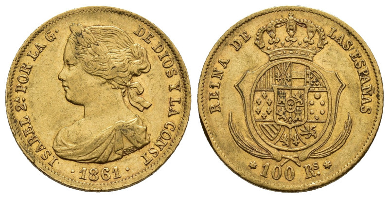 ISABEL II. 100 reales. 1861. Madrid. AU 8,43 g. 22,1 mm. VI-648; AC-788. Rebaba ...