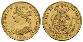 ISABEL II. 100 reales. 1861. Madrid. AU 8,43 g. 22,1 mm. VI-648; AC-788. Rebaba en gráfila. MBC.