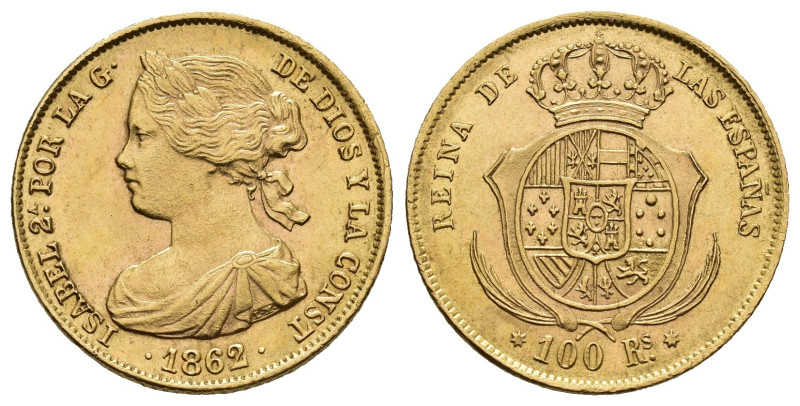 ISABEL II. 100 reales. 1862. Madrid. AU 8,28 g. 22,1 mm. VI-649; AC-789. EBC-.