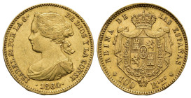 ISABEL II. 100 reales. 1864. Madrid. AU 8,4 g. 22,3 mm. VI-651; AC-792. MBC/MBC+.