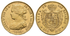 ISABEL II. 100 reales. 1864. Madrid. AU 8,28 g. 22,1 mm. VI-651; AC-792. EBC-.