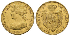 ISABEL II. 100 reales. 1864. Madrid. AU 8,36 g. 22,1 mm. VI-651; AC-792. Pequeñas marcas. MBC+.