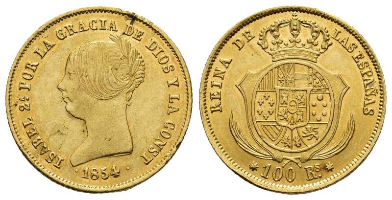 ISABEL II. 100 reales. 1854. Sevilla. AU 8,43 g. 21,9 mm. VI-654; AC-795. Hojita...