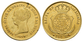 ISABEL II. 100 reales. 1854. Sevilla. AU 8,43 g. 21,9 mm. VI-654; AC-795. Hojita en anv. MBC+/EBC.