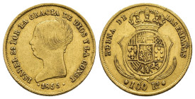 ISABEL II. 100 reales. 1855. Sevilla. AU 8,42 g. 21,9 mm. VI-655; AC-796. MBC.