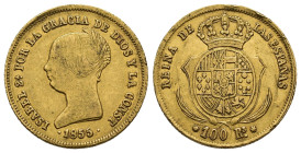 ISABEL II. 100 reales. 1855. Sevilla. AU 8,37 g. 22 mm. VI-655; AC-796. Rayitas y golpes en gráfila. MBC-.