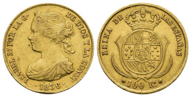 ISABEL II. 100 reales. 1856. Sevilla. AU 8,4 g. 22,3 mm. VI-656; AC-797. Incisión central en cada una de las dos estrellas y en el campo de anv. MBC/M...