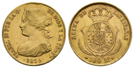 ISABEL II. 100 reales. 1859. Sevilla. AU 8,38 g. 21,8 mm. VI-659; AC-800. Golpe en gráfila. MBC.