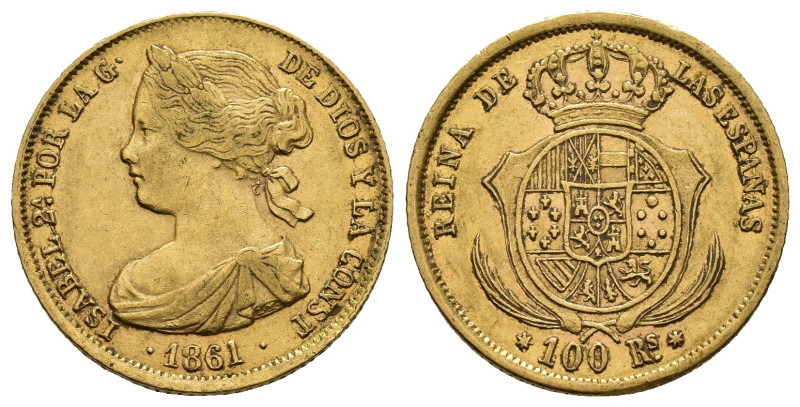 ISABEL II. 100 reales. 1861. Sevilla. AU 8,4 g. 22,2 mm. VI-661; AC-804. MBC.