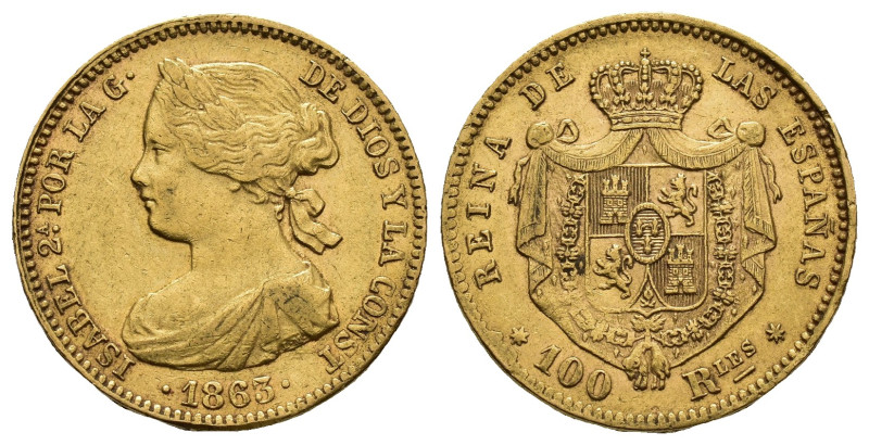 ISABEL II. 100 reales. 1863. Sevilla. AU 8,36 g. 22,1 mm. VI-663; AC-806. MBC. E...