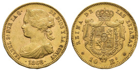 ISABEL II. 10 escudos. 1868*18-68. Madrid. AU 8,44 g. 22,2 mm. VI-668; AC-815. EBC.