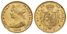 ISABEL II. 10 escudos. 1868*18-68. Madrid. AU 8,37 g. 22,2 mm. VI-668; AC-815. EBC-.