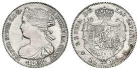 ISABEL II. 10 escudos. 1868*18-68. Madrid. PL 7,94 g. 21,7 mm. Barrera-913. Falsa de época en platino. Rayita en anv. y defectos de cospel en rev. EBC...