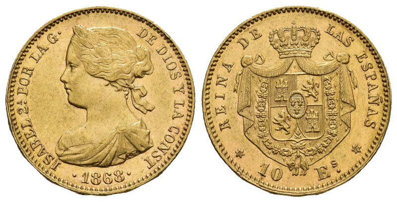 ISABEL II. 10 escudos. 1868*18-73. Madrid. AU 8,37 g. 22,2 mm. VI-669; AC-41 (en...