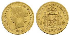 ISABEL II. 1 peso. 1865. Manila. AU 1,63 g. 15,3 mm. VI-675; AC-829. MBC-/MBC.