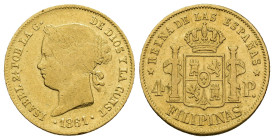 ISABEL II. 4 pesos. 1861. Manila. AU 6,63 g. 21,1 mm. VI-686; AC-852. BC+/MBC-.