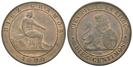 GOBIERNO PROVISIONAL. 10 céntimos. 1870. Barcelona. OM. CU 10 g. 30,2 mm. VII-6; AC-9. R.B.O. EBC-.