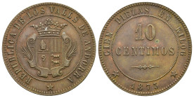 GOBIERNO PROVISIONAL. República de los Valles de Andorra. 10 céntimos. 1873. CU 9,66 g. 30,3 mm. VII-25; AC-2. R.B.O. SC. 

Lote no sujeto a tasas d...
