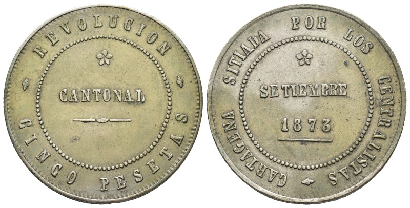 REVOLUCIÓN CANTONAL. 5 pesetas. 1873. Cartagena. Coincidente sobre eje horizonta...