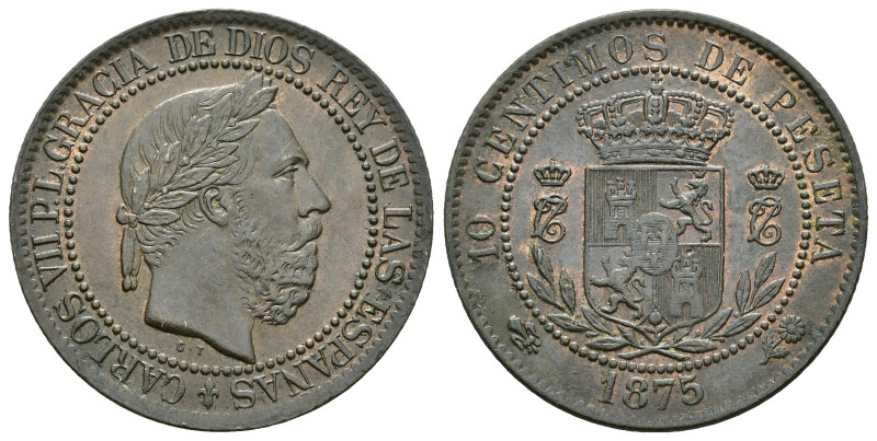 CARLOS VII. 10 céntimos. 1875. Bruselas. Rev. girado 180ª sobre eje horizontal. ...