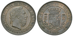 CARLOS VII. 10 céntimos. 1875. Bruselas. Rev. girado 180ª sobre eje horizontal. CU 10 g. 30,2 mm. VII-117.1; AC-6. Acuñación floja en escudete. R.B.O....