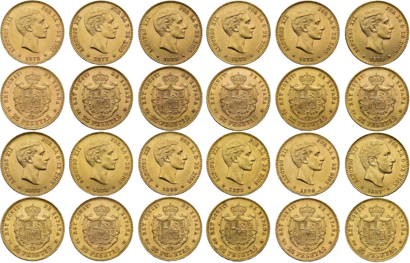 ALFONSO XII. Lote de 12 piezas de 25 pesetas: 1877, 1878 DEM (7), 1880 (3) y 188...