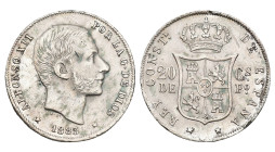 ALFONSO XII. 20 centavos de peso. 1883. Manila. AR 5,08 g. 23,2 mm. VII-67; AC-109. Golpes en gráfila, pequeñas marcas y raya en rev. EBC-. 

Lote n...