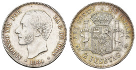 ALFONSO XII. 2 pesetas. 1884. AR 9,96 g. 27,1 mm. VII-74; AC-34. Pequeñas marcas. EBC-.