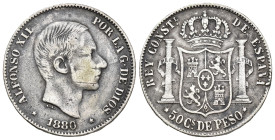 ALFONSO XII. 50 centavos de peso. 1880. Manila. AR 12,73 g. 29,6 mm. VII-75; AC-112. MBC-/MBC. Rara.

Lote no sujeto a tasas de exportación.