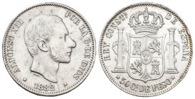 ALFONSO XII. 50 centavos de peso. 1882. Manila. AR 12,85 g. 29,6 mm. VII-77; AC-118. Leves erosiones en rev. MBC+/EBC-.