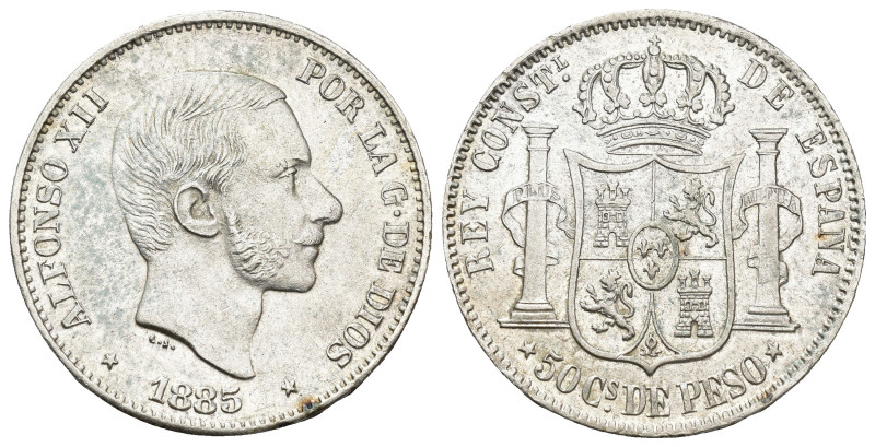 ALFONSO XII. 50 centavos de peso. 1885. Manila. AR 13,04 g. 29,8 mm. VII-80; AC-...