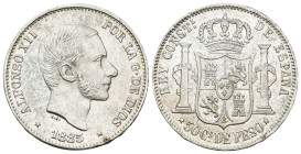 ALFONSO XII. 50 centavos de peso. 1885. Manila. AR 13,04 g. 29,8 mm. VII-80; AC-124. R.B.O. EBC. 

Lote no sujeto a tasas de exportación.