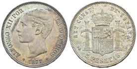 ALFONSO XII. 5 pesetas. 1877*18-77. Madrid. DEM. AR 24,96 g. 37,2 mm. VII-83; AC-38. Pátina y suciedad. EBC+. 

Lote no sujeto a tasas de exportació...