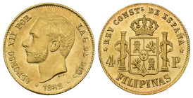 ALFONSO XII. 4 pesos. 1882. Manila. AU 6,78 g. 21,1 mm. VII-101; AC-127. B.O./SC. Muy escasa.