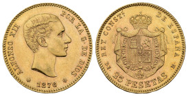 ALFONSO XII. 25 pesetas. 1876*18-76. Madrid. DEM. AU 8,07 g. 24 mm. VII-103; AC-67. EBC.