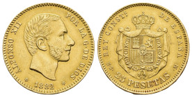 ALFONSO XII. 25 pesetas. 1882/1*18-82/1. Madrid. MSM. AU 8,05 g. 24 mm. VII-111.1; AC-83. Limpiada. EBC-. 

Lote no sujeto a tasas de exportación.