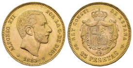 ALFONSO XII. 25 pesetas. 1883*18-83. Madrid. MSM. AU 8,1 g. 23,9 mm. VII-112; AC-87. Pequeñas marcas. SC.