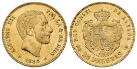ALFONSO XII. 25 pesetas. 1884*18-84. Madrid. MSM. AU 8,08 g. 23,9 mm. VII-113; AC-89. Pequeñas marcas. EBC+.