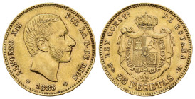 ALFONSO XII. 25 pesetas. 1885*18-86. Madrid. MSM. AU 8,06 g. 23,8 mm. VII-115; AC-91. Golpecitos en gráfila. MBC+. Muy rara.

Lote no sujeto a tasas...