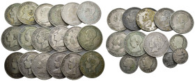 ALFONSO XIII. Lote de 31 piezas: 20 monedas de 5 pts. plata de Alfonso XII y Alfonso XIII, 2 de calamina y 1 de latón; 3 piezas de 2 pts. de plata y 2...