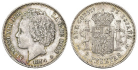 ALFONSO XIII. 2 pesetas. 1894*18-94. Madrid. SGV. AR 10,03 g. 26,03 mm. VII-171; AC-86. MBC+.